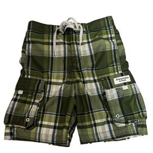 Abercrombie Fitch Cargo Board Shorts Swim Trunks Mens Medium Green Plaid